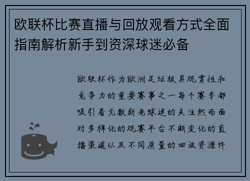 欧联杯比赛直播与回放观看方式全面指南解析新手到资深球迷必备