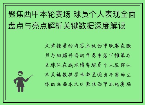 聚焦西甲本轮赛场 球员个人表现全面盘点与亮点解析关键数据深度解读
